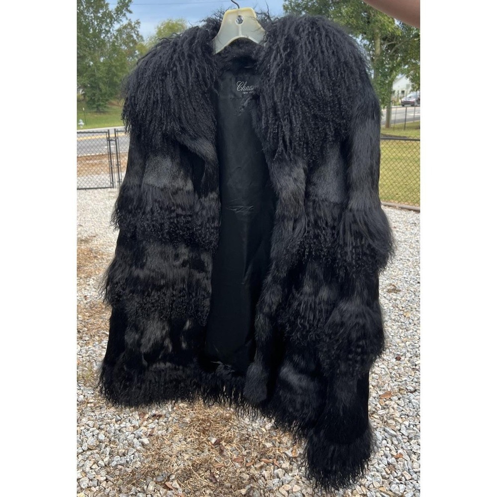 VTG Exquisite Chaarm New York 100% Rabbit Fur Black Layered Coat L Stunning